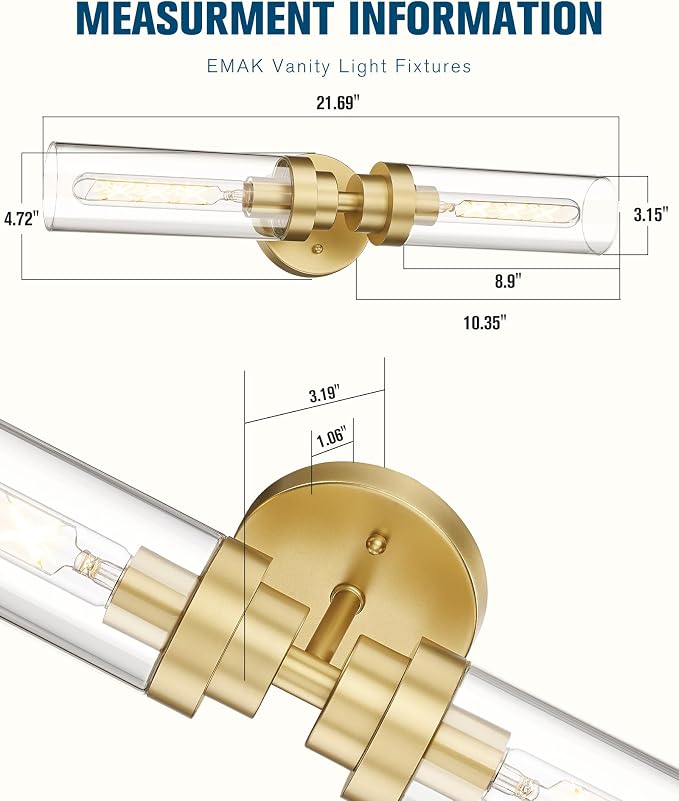 Emak Modern 22 Inch Gold Bathroom Light Fixtures Over Mirror, Cylinder Bathroom - Image 4