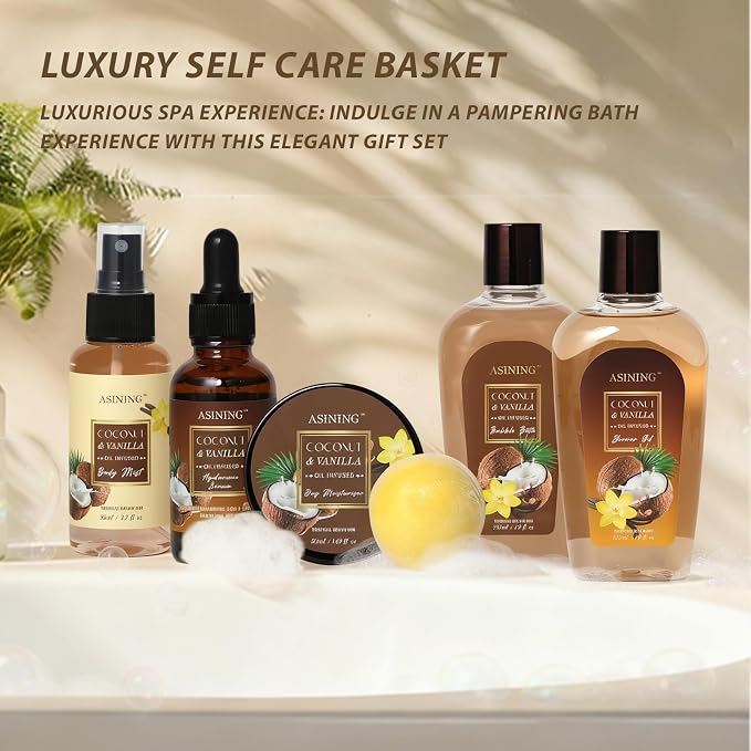 Spa Basket for Women, Coconut Vanilla Bath & Body Set, Christmas & Birthday Gift - Image 7