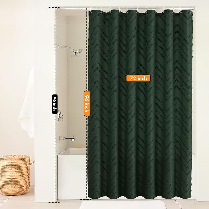 96inch Extra Long Dark Green Boho Shower Curtain Woven Fabric Shower Curtain - Image 2