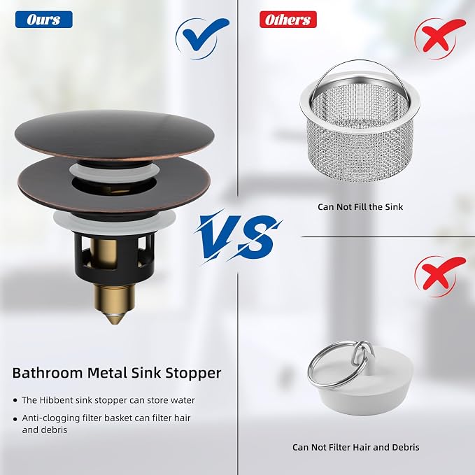 Hibbent 2 Pack All Metal Upgraded Bathroom Sink Stopper, Universal Pop Up Sink - Image 5