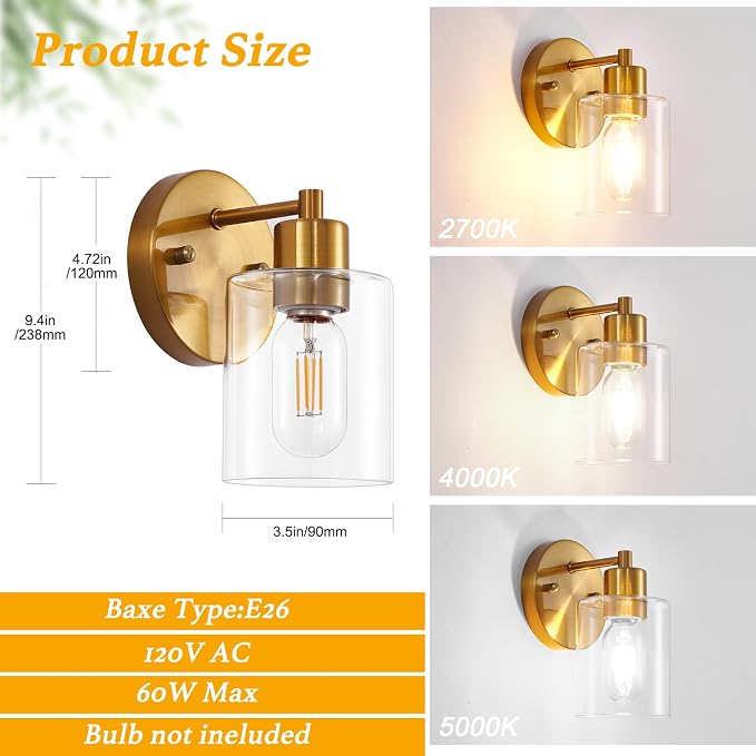 1-Light Wall Sconce Gold, Vanity Light, Wall Mount Bathroom Mirror Fixtures - Image 3