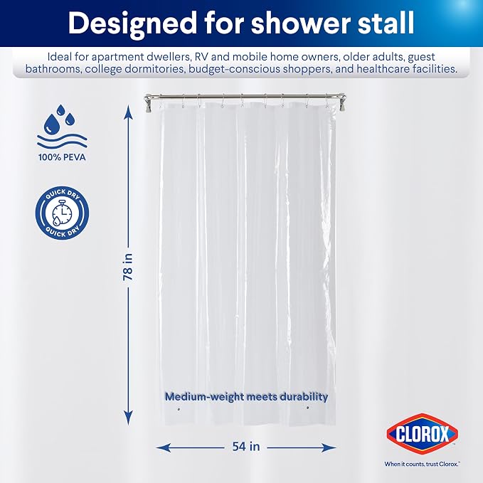 Clorox Shower Curtain Liner, Premium Medium-Weight Durable Waterproof 6g PEVA - Image 2