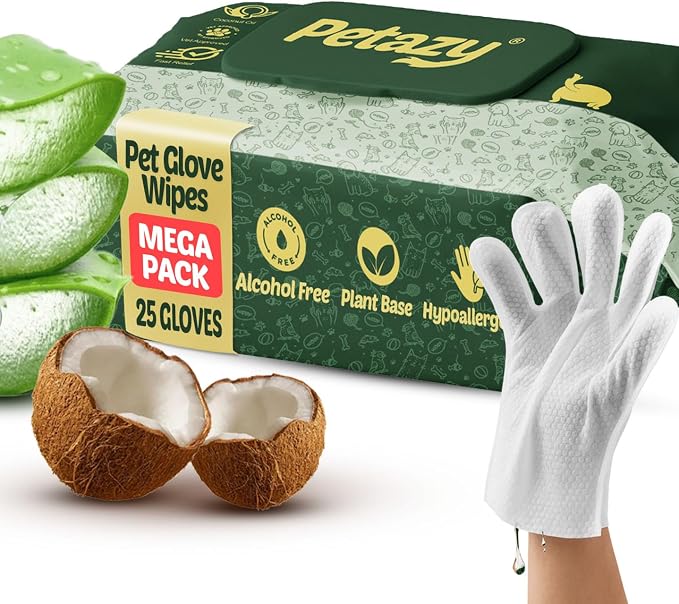 Pet Glove Wipes for Dogs & Cats – 25 Pack | Hypoallergenic, No Rinse, Extra by Petazy