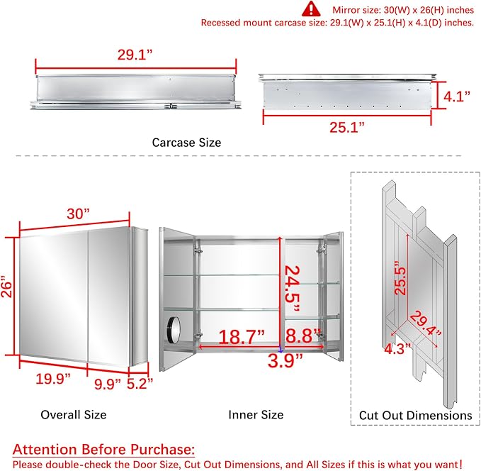 Fundin Bathroom Mirror Medicine Cabinet Aluminum Storage Cabinet 30 x 26 inch - Image 3