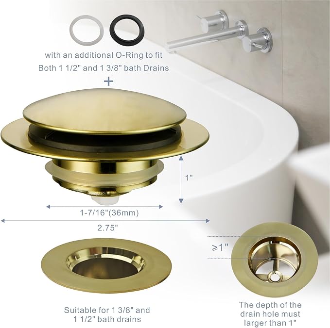 Gold Brushed Tub Drain Stopper, Universal Pop Up Bath Drain Plug Bathtub Drain - Image 9