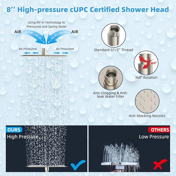 Hibbent All Metal CUPC Certified 8'' Rainfall Shower Head, Dual Shower Head - Image 6