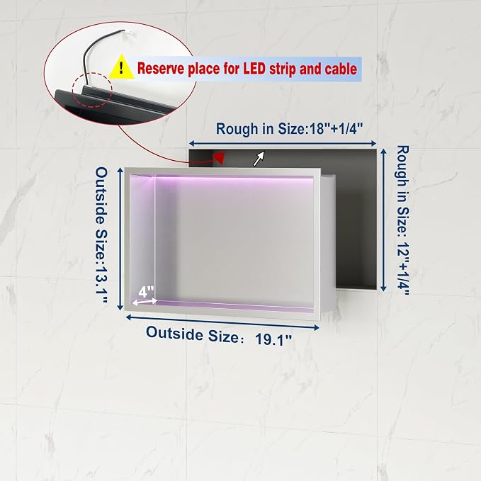 18X12 RGB Shower Niche, Brushed Nickel Stainless Steel LED Wall Niche, No Tile - Image 3