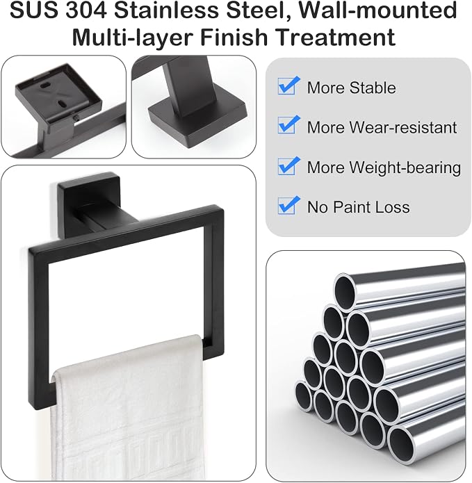 2-Piece Matte Black Square Towel Ring, Modern Hand Towel Holder - Image 4