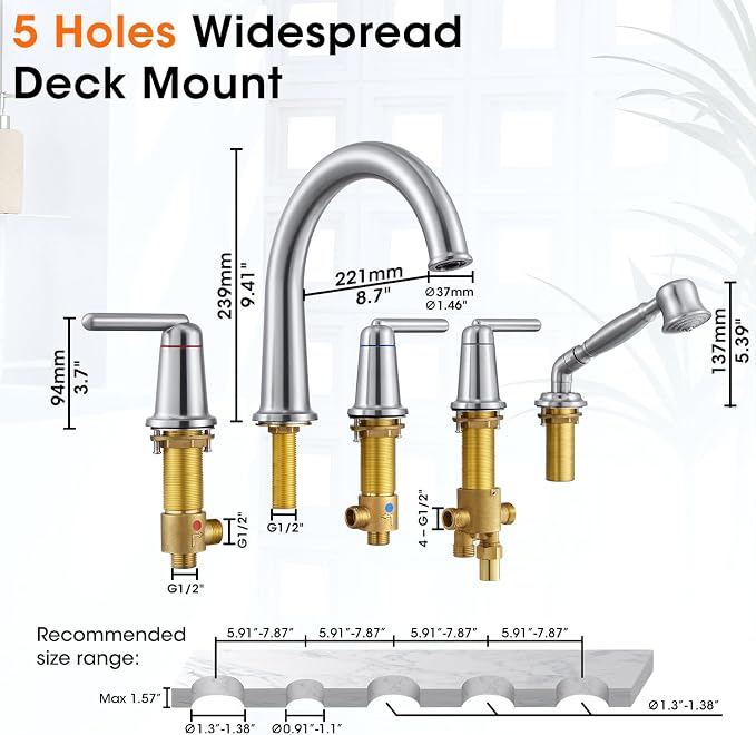 Roman Tub Faucet with Sprayer and Valve, 3 Handle 5 Hole Widespread Deck Mount - Image 6