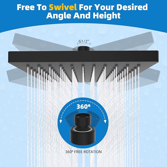 Hibbent Thickness Metal Rain Shower Head, 8 Inch High Pressure Rainfall Shower - Image 4