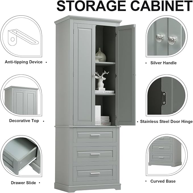 Tall Storage Cabinet with Doors, and Adjustable Shelves, Wood Narrow Storage - Image 5