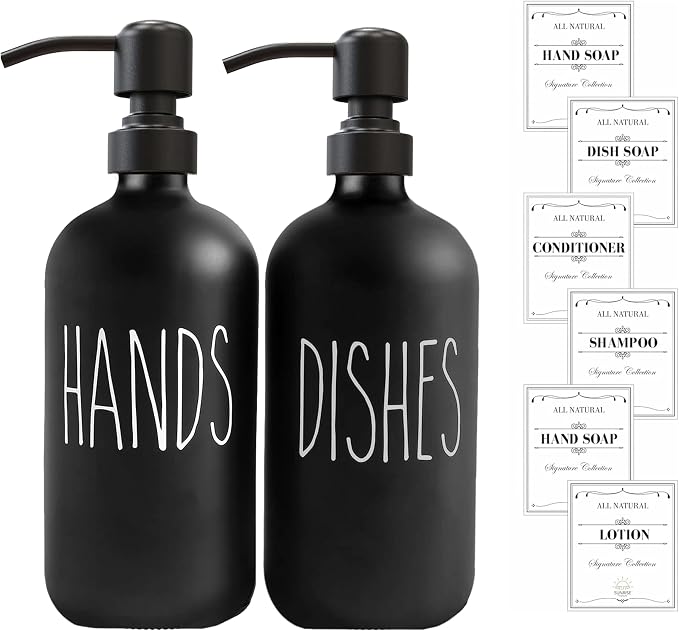 16 OZ Thick Black Glass Soap Dispenser, Matte Black Stainless Steel Pump 2 Pack - Image 7