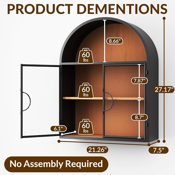 BECHAEO Arched Wall Cabinet Over Toilet Bathroom Organizer, No Assembly Metal - Image 2