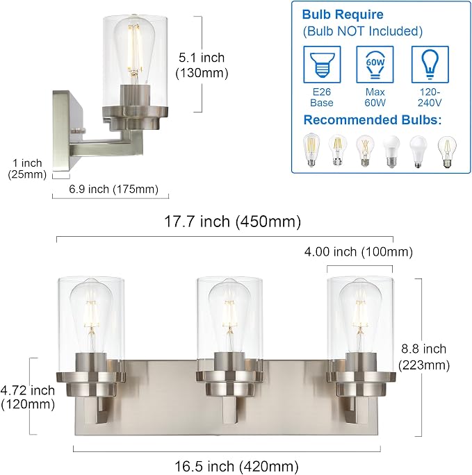 MELUCEE 3-Light Vanity Lights Brushed Nickel - Image 6