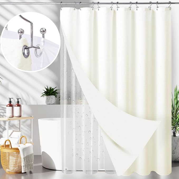 LaCyan 3 in 1 Waterproof Waffle Weave Shower Curtain and Clear Liner Set by Lacyan