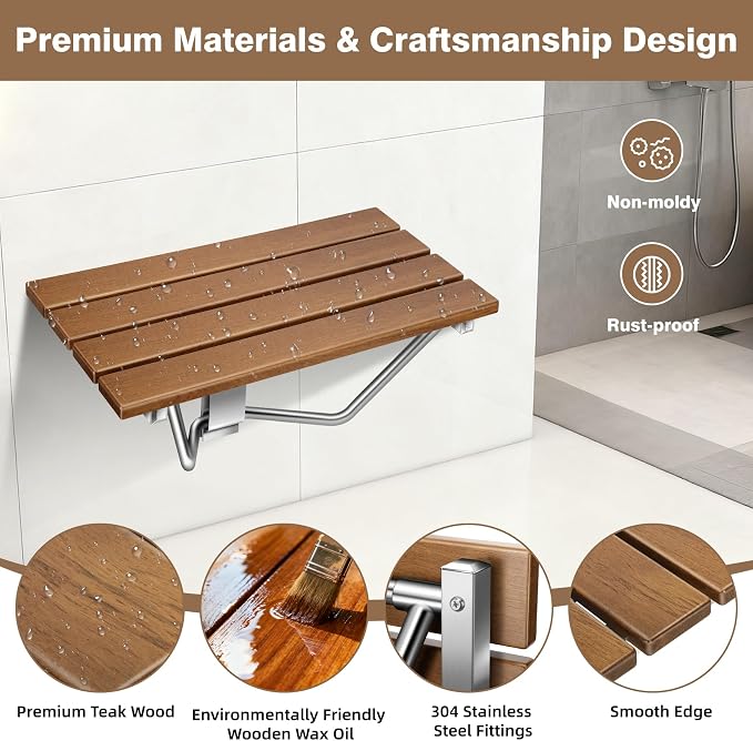 24'' Folding Shower Seat Wall Mounted, Folding Shower Bench - Image 4