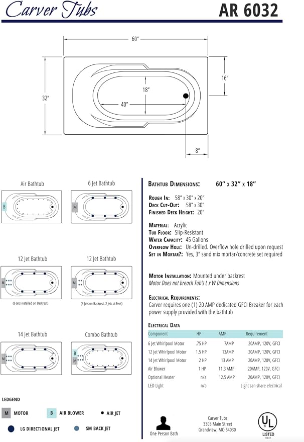 Carver Tubs - AR6032 - Modern Acrylic Fiberglass Whirlpool Tub Water Massage - Image 7