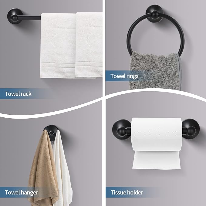 Bathroom Accessory Set, Matte Black Adjustable Expandable Towel Bar 4-Piece - Image 3