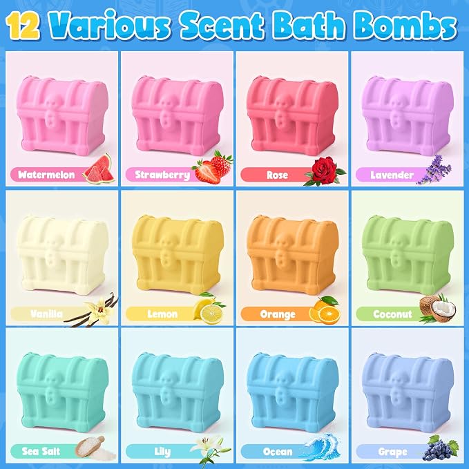 Bath Bombs for Kids with Diving Gem Toys Inside, 12 Pack Treasure Chest Bath - Image 3