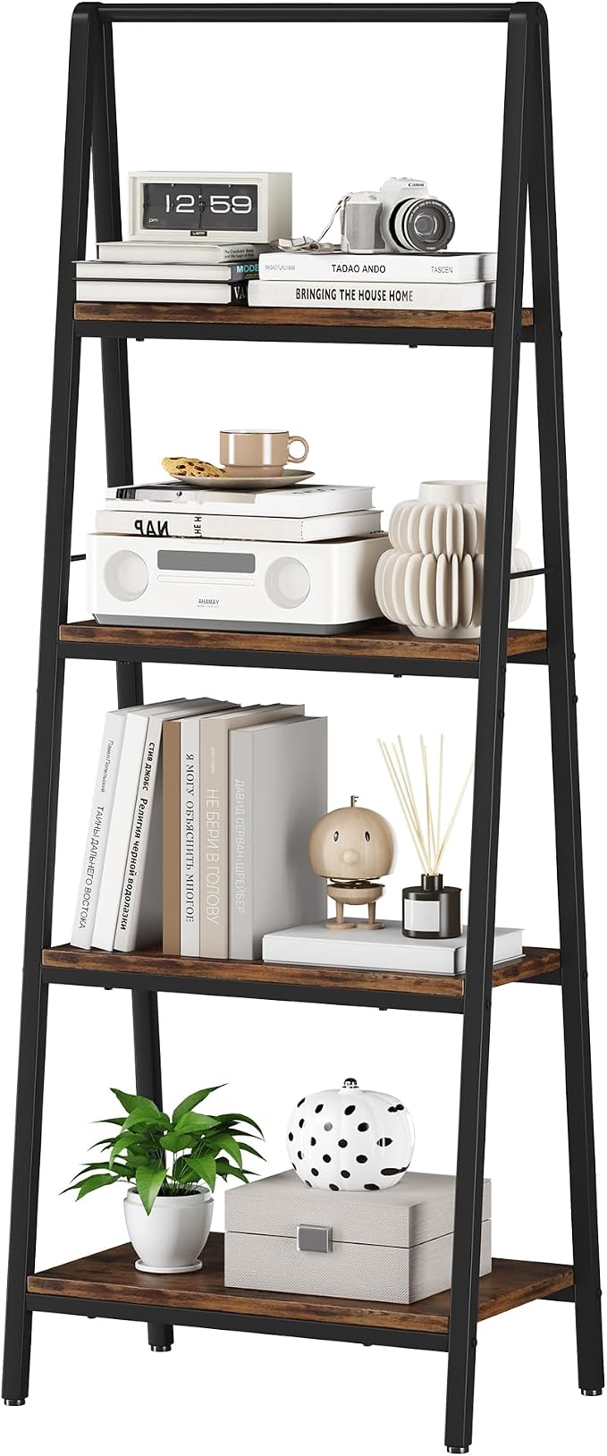 Homeiju 4-Tier Leaning Ladder Bookshelf, Rustic and Wood Ladder Shelf Bookcase by Homeiju