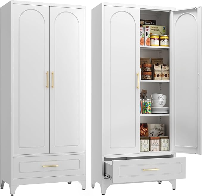 Metal Storage Cabinet with Drawers, 75Inch White Pantry Cabinets by Steeloong