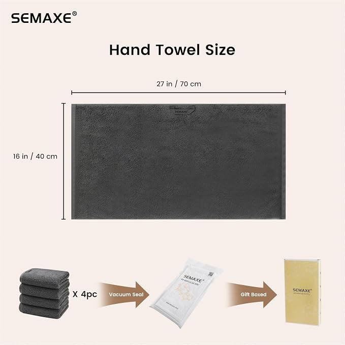 SEMAXE Hand Towel for Bathroom Set, 4 Piece 100% Cotton Gray Towels - Image 2