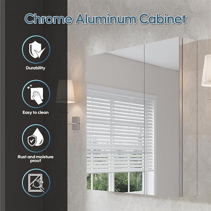 WELLFOR 30" x 30" Bathroom Medicine Cabinet, Anodized Chrome Aluminum Frame - Image 3