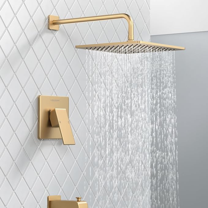 Lava Odoro 12-inch Square Bathtub and Shower Faucet Set Champagne Gold - Image 3