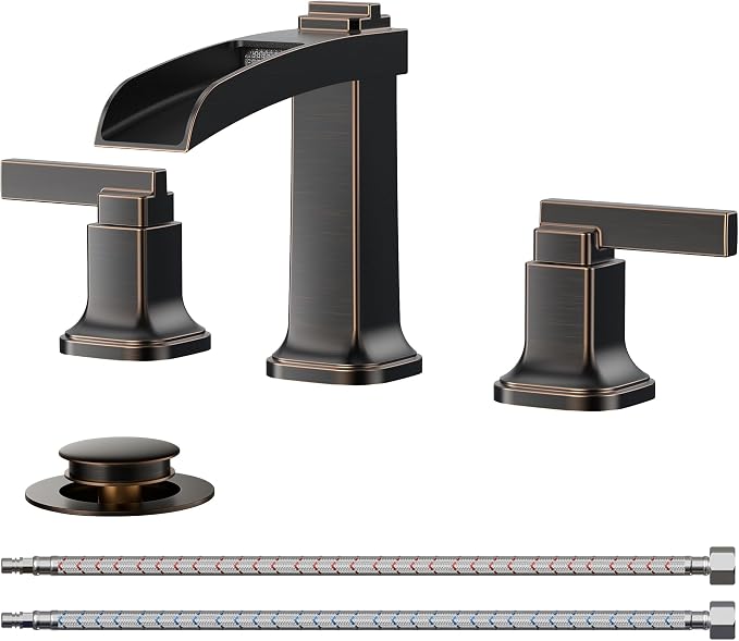 FORIOUS Brass Bathroom Faucets 3 Hole, Modern Waterfall Widespread 8 Inch Oil by FORIOUS