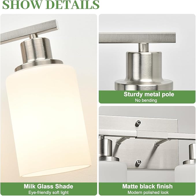 4-Light Vanity Light with Milky White Shades, Brushed Nickel Bathroom Lighting - Image 2