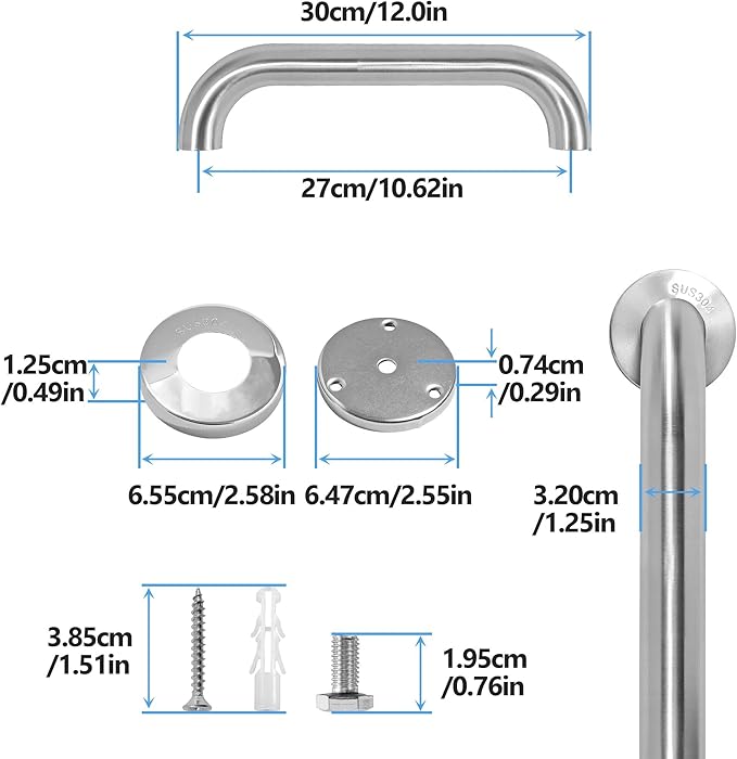 Shower Grab Bar, 2 Pack 12 Inch Brushed Nickel Bathroom Safety Bar, 1.25" - Image 2