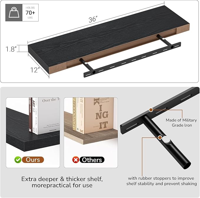 Vivelove Single Floating Shelves 36 inch Long, 10 in Deep Shelves Wall Mounted - Image 3