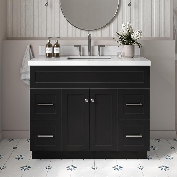 ARIEL Hamlet 43 Inch Single Sink Bathroom Vanity in Black, 1.5" Edge Quartz Top by Ariel