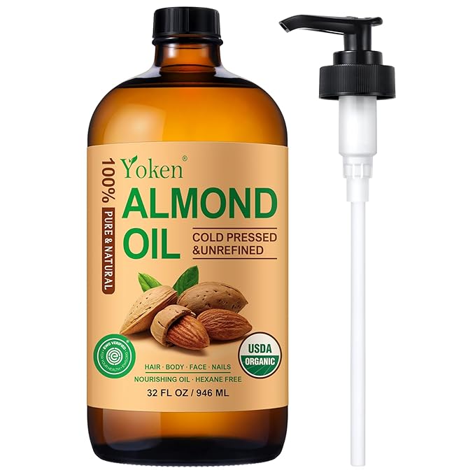 Organic Almond Oil 32 fl oz 100% USDA Pure Cold Pressed Glass Bottle Almond Oils by Yoken