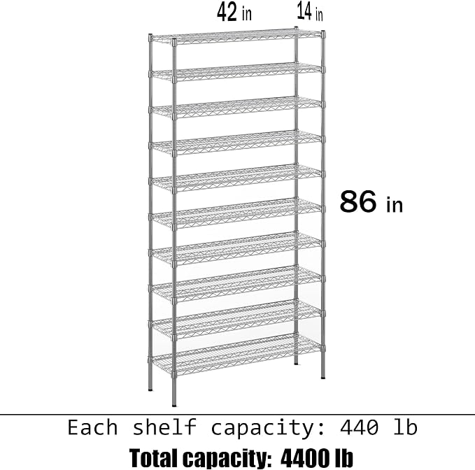 14" Deep x 42" Wide x 86" Height Wire Shelving Kit | 10-Tier | NSF Commercial - Image 3