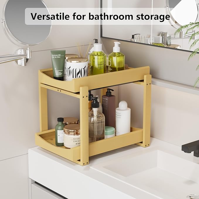 Bamboo Under Sink Organizer Adjustable Height 2 Tier Bathroom Organizer Pull - Image 5