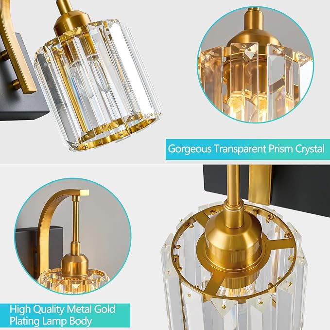 4-Light Crystal Vanity Light, Modern Black Gold Bathroom Wall Sconce - Image 4