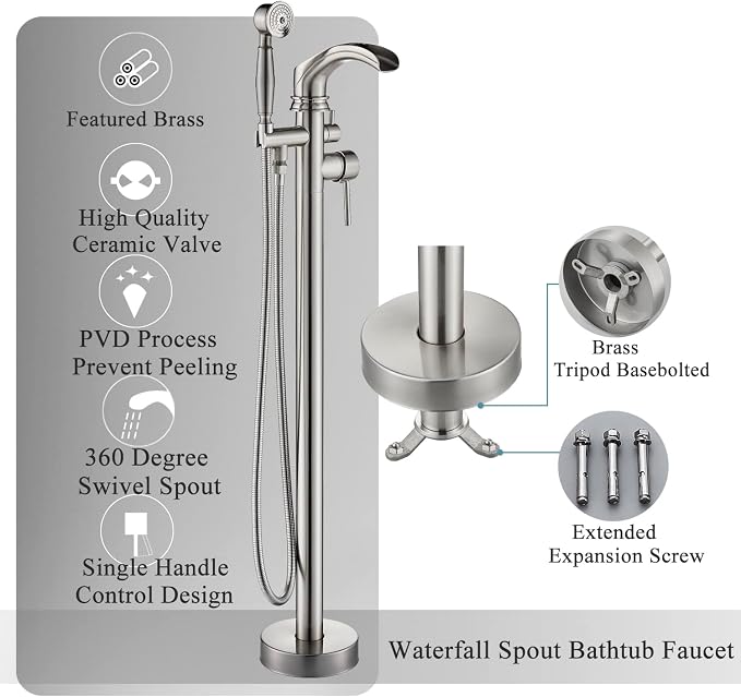 Senlesen Brushed Nickel Bathroom Single Handle Freestanding Bathtub Faucet - Image 3