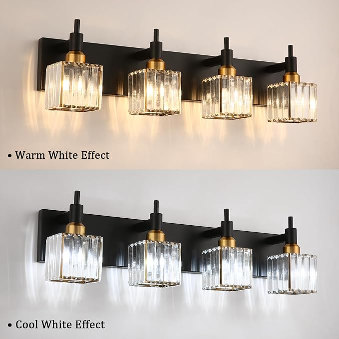 Gold Black Crystal Bathroom Lighting Fixtures, 4 Light Brass Modern Crystal - Image 7