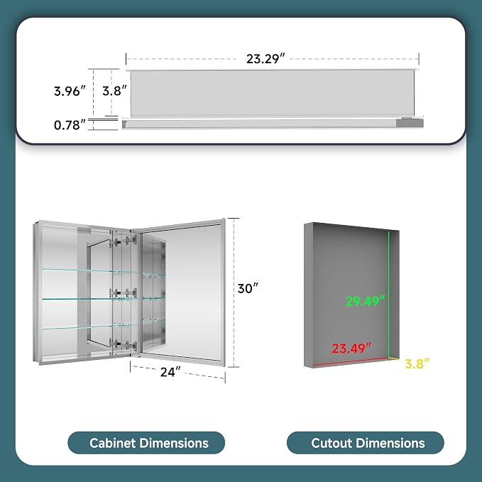24"x30" Medicine Cabinet Mirror, Aluminum Silver Recessed Medicine Cabinet - Image 2