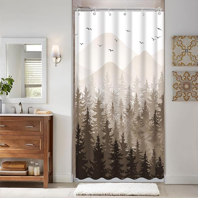 Aipon Brown Misty Forest Shower Curtain Ombre Nature Tree Plants Shower - Image 3