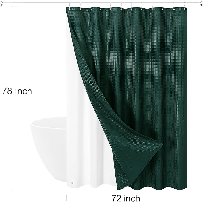 3 in 1 Long Dark Green Shower Curtain Set-72 W x 78 H, Modern Waffle and PEVA - Image 8