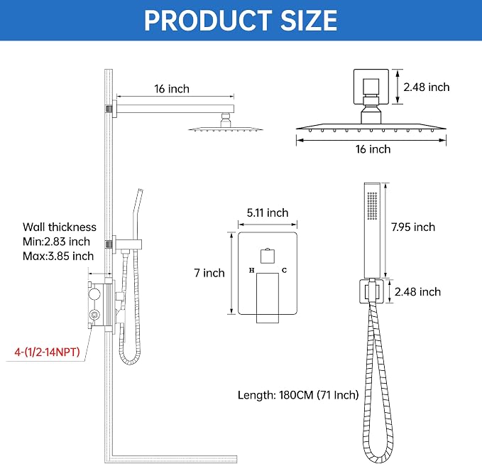 16 Inch Luxury Rain Shower Faucet Set, Brushed Nickel Shower System - Image 7