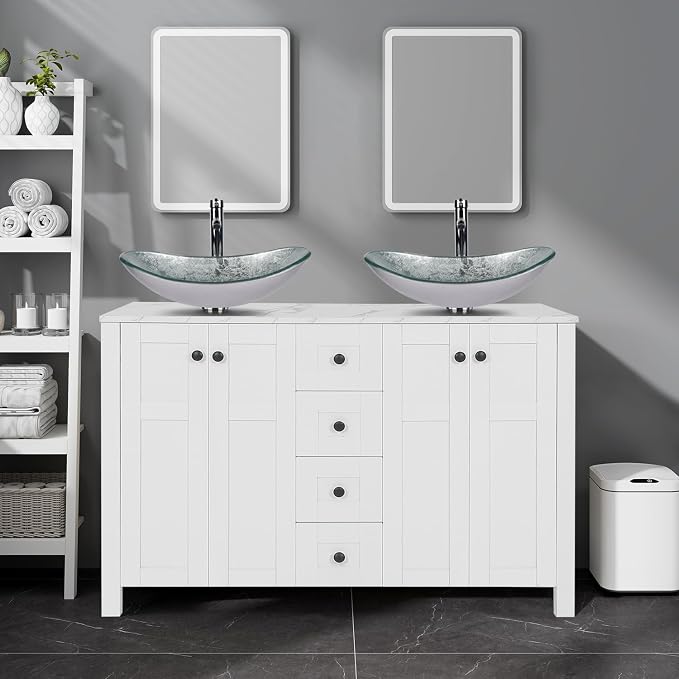 48" White Bathroom Vanity with Marble Texture Top and 4 Drawers, Modern by Solidee