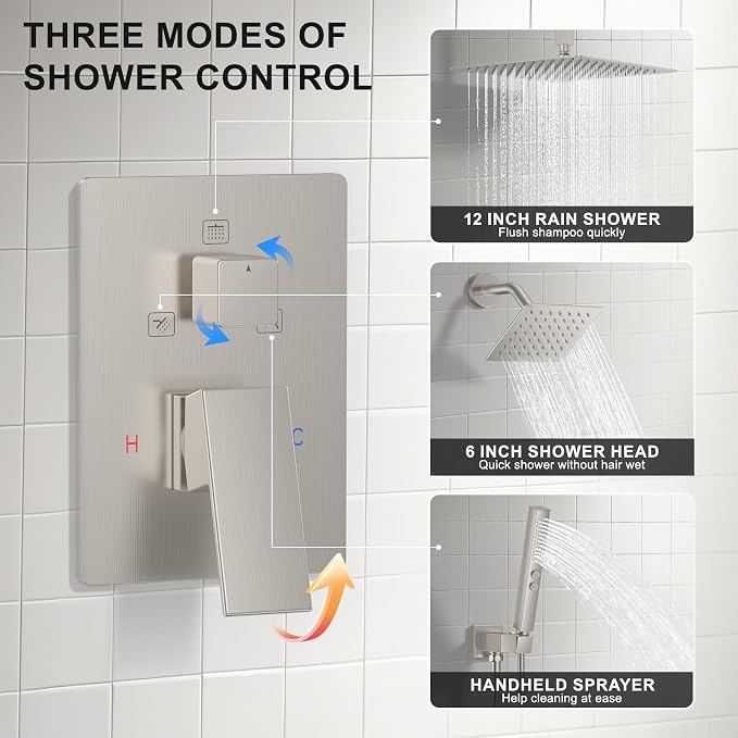 Rain Shower System Brushed Nickel Shower Faucet Set, Dual Rainfall Shower Head - Image 6