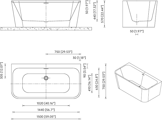 59" Acrylic Back-to-Wall Bathtub, Freestanding Bathtubs, Stand Alone Tub - Image 8