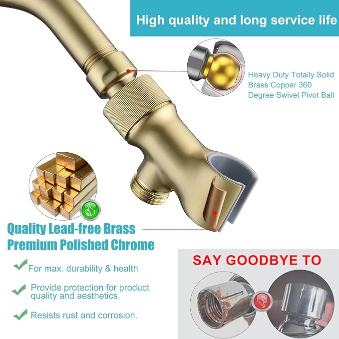 Shower Head Holder All Metal Adjustable Handheld Shower Arm Mount, 1/2" Shower - Image 7