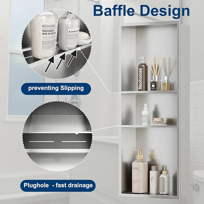 Neodrain 12X30 in Shower Niche, 3 Layers Brushed Wall Niche Stainless Steel - Image 5