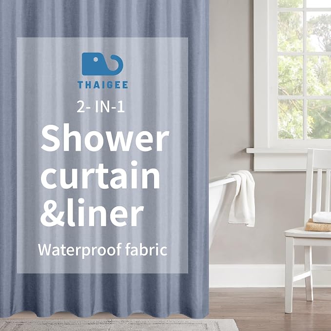 2-in-1 Waterproof Extra Long Fabric Shower Curtain or Liner, Linen Textured by THAIGEE