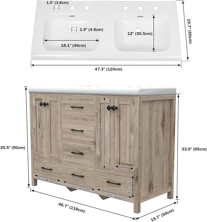 51 inch Bathroom Sink Vanity Combo, Large Freestanding Double Bath Vanity Sink - Image 2